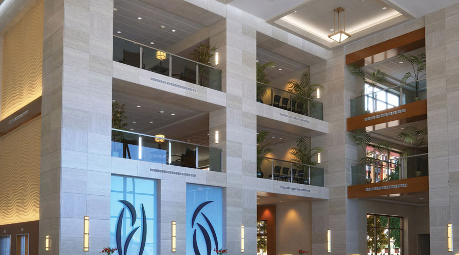 Healthcare Lobby Foyer Entryway Lighting featuring two story hospital lobby